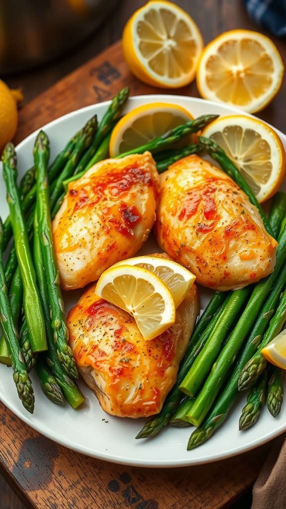A plate of zesty lemon chicken with asparagus, garnished with lemon wedges, set against a rustic kitchen backdrop.